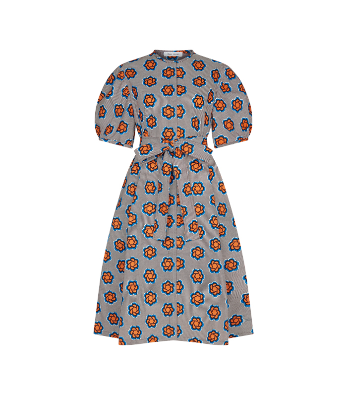 Round Neck DRESS w Buttons - Short Puff Sleeves
