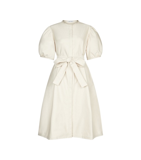 [S115F295BEI] Round Neck DRESS w Buttons - Short Puff Sleeves
