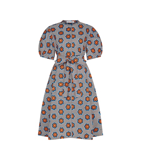 [S115F131C04] Round Neck DRESS w Buttons - Short Puff Sleeves